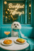 White Maltese wearing a turquoise scarf seated on a turquoise banquette with a Danish swirl, toast topped with scrambled eggs and chives, and a peach cocktail under a neon Barkfast at Tiffany’s sign