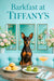 Black-and-tan Miniature Pinscher seated at turquoise banquette behind a metal table with powdered scones cucumber stack and a peach cocktail under Barkfast at Tiffanys sign