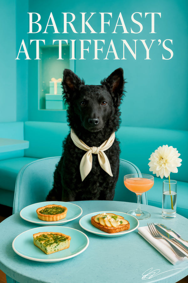 Black Mudi wearing an ivory scarf seated at a turquoise café table with spinach quiches, apple-topped toast, peach cocktail, and white dahlia under Barkfast at Tiffany’s sign