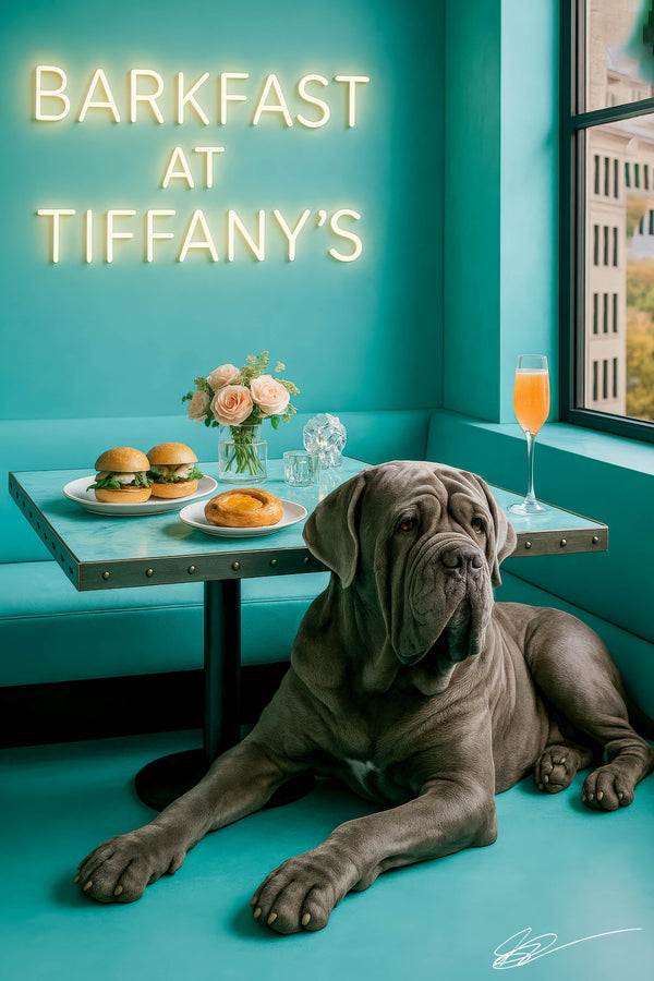 Grey Neapolitan Mastiff reclining on a turquoise banquette beside a metal café table under a glowing Barkfast at Tiffany’s sign