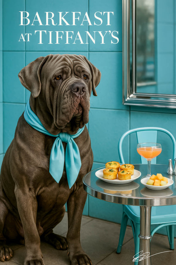 Regal grey Neapolitan Mastiff wearing an aquamarine scarf seated beside a metal bistro table under a Barkfast at Tiffany’s sign