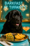 Newfoundland dog seated at a teal velvet banquette with a silver platter of spinach quiche and melon slices and an orange coupe cocktail