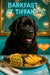 Newfoundland dog seated at a teal velvet banquette with a silver platter of spinach quiche and melon slices and an orange coupe cocktail