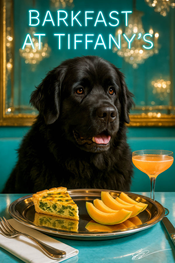 Newfoundland dog seated at a teal velvet banquette with a silver platter of spinach quiche and melon slices and an orange coupe cocktail