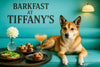 Norwegian Lundehund reclining on a turquoise banquette beside a café table with a white dahlia vase arugula crostini berry muffins and a peach cocktail under a Barkfast at Tiffanys sign