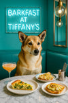 Norwegian Lundehund seated on a turquoise tufted banquette by a marble table with a slice of spinach quiche, two pear-topped toasts, and a peach cocktail under a neon Barkfast at Tiffanys sign