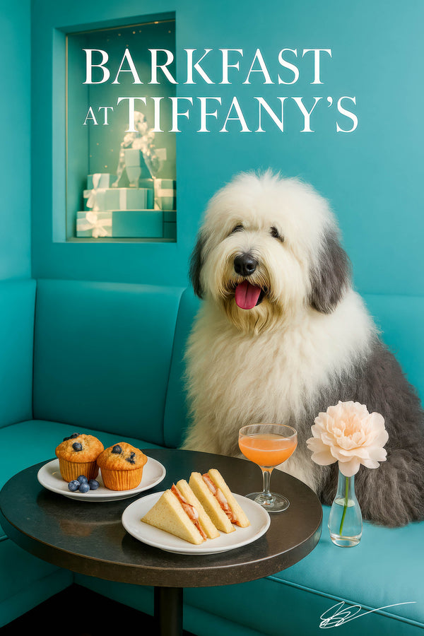 Fluffy Old English Sheepdog seated on a teal banquette beside a dark marble café table with blueberry muffins shrimp tea sandwiches a pink cocktail and a pale pink peony