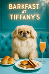 Pekingese seated on a teal banquette beside a table with three brioche buns jam-filled pastry squares triangular toast and a pink cocktail under a crystal chandelier