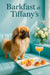 Pekingese standing on a teal banquette next to a tray of melon ball skewers prosciutto wrapped melon pastries and a pink cocktail