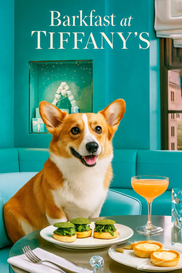 Pembroke Welsh Corgi seated on a turquoise banquette at a round metal table with three spinach tartlets topped with green sablé lids two mini quiches and a pink cocktail