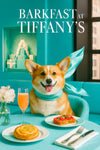 Pembroke Welsh Corgi wearing a teal scarf standing on a teal banquette next to a tray of melon ball skewers prosciutto wrapped melon pastries and a pink cocktail
