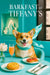 Pembroke Welsh Corgi wearing a teal scarf standing on a teal banquette next to a tray of melon ball skewers prosciutto wrapped melon pastries and a pink cocktail