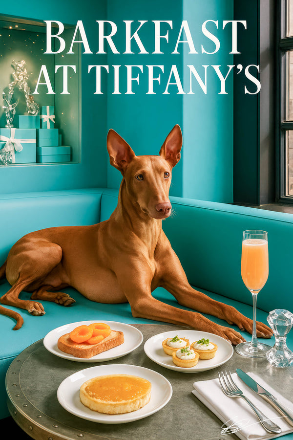 Pharaoh Hound lounging on a teal banquette beside a metal café table with apricot-topped toast three mini quiches a citrus tart and a pink spritz