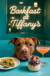 Pit Bull peering over a teal café table with spinach quiche, a berry parfait in a glass jar, and a pink spritz under a neon Barkfast at Tiffany’s sign