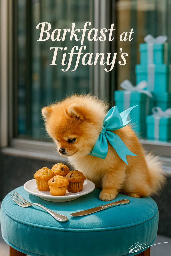 Fluffy Pomeranian wearing a teal bow perched on a velvet stool next to a plate of four mini muffins and silverware by a window with Tiffany blue gift boxes
