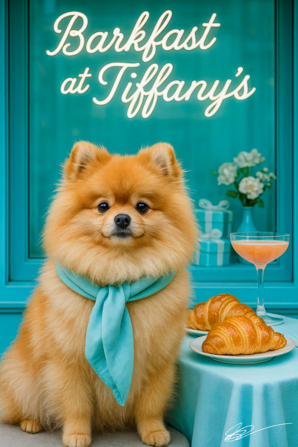 Fluffy Pomeranian wearing a teal scarf seated next to a Tiffany-blue table with two croissants and a pink spritz beneath a neon Barkfast at Tiffany’s sign