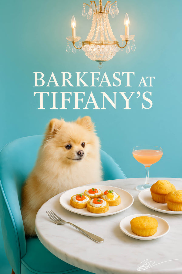 Pomeranian perched on a teal upholstered chair beside a marble table with whipped cheese tartlets topped with cherry tomatoes, golden muffins, and a pink cocktail