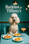 Cream poodle seated on a teal banquette beside a café table with smoked salmon canapés, golden scones, plain scones, and a pink coupe cocktail