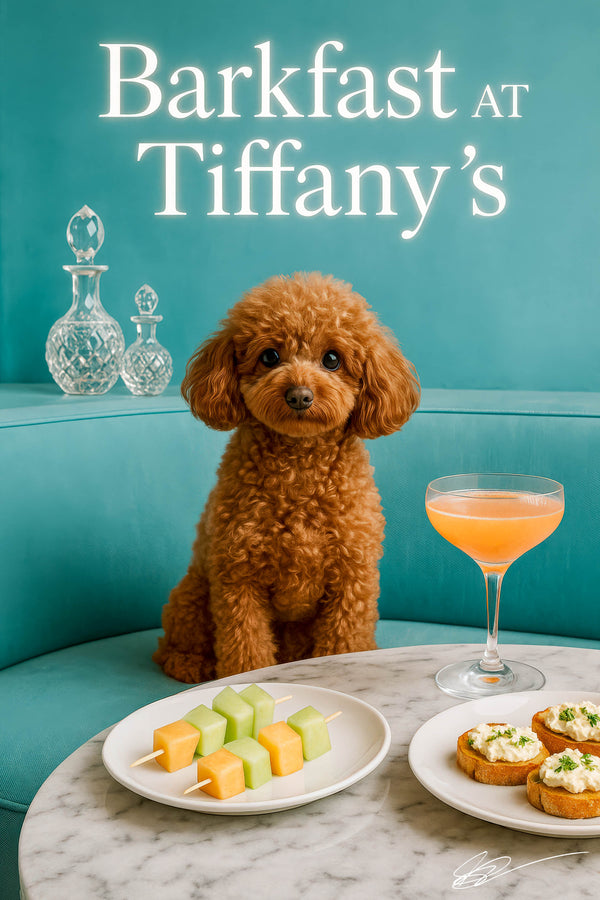 Apricot poodle seated on a tufted Tiffany-blue banquette with crystal decanters and neon “Barkfast at Tiffany’s” sign in elegant lounge setting