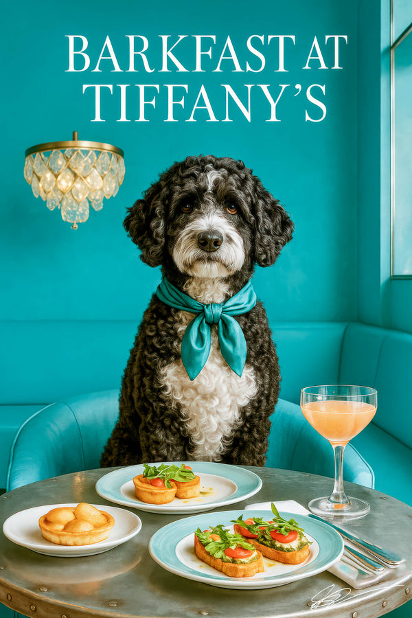 Curly-coated Portuguese Water Dog wearing a teal scarf seated in an aqua lounge chair beneath a crystal-drop chandelier with city view window and sculpted walls
