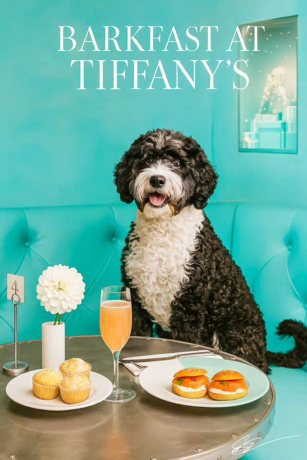 Black and white Portuguese Water Dog seated on an aqua banquette under soft ambient lighting with sculpted walls and glass display niche