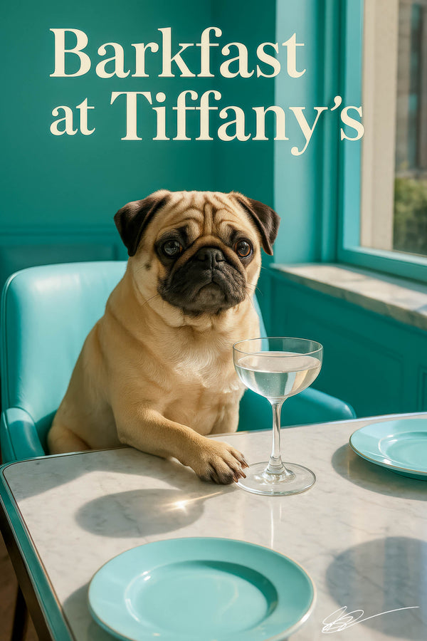 Pug sitting at a turquoise café table with a coupe glass and matching plates in bright sunlight