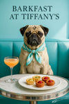 Fawn pug wearing a mint and cream striped scarf seated on a turquoise banquette at a marble café table with a peach cocktail and plate of raspberry and herbed custard tarts