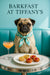 Fawn pug wearing a mint and cream striped scarf seated on a turquoise banquette at a marble café table with a peach cocktail and plate of raspberry and herbed custard tarts