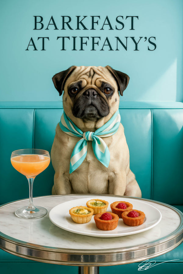 Fawn pug wearing a mint and cream striped scarf seated on a turquoise banquette at a marble café table with a peach cocktail and plate of raspberry and herbed custard tarts