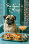 Fawn pug at a turquoise café table with a silver tray holding a fig tart and smoked salmon toast and a peach cocktail