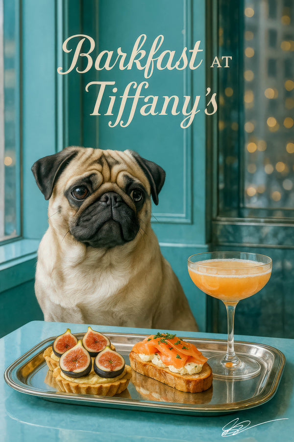 Fawn pug at a turquoise café table with a silver tray holding a fig tart and smoked salmon toast and a peach cocktail