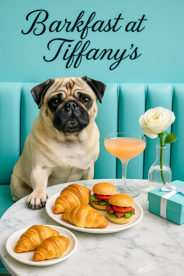 Fawn pug at a turquoise café banquette with plates of croissants and mini bacon lettuce tomato sliders a peach cocktail a white rose and a gift box