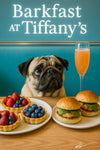 Fawn pug at a turquoise banquette with fruit tarts sliders and a peach cocktail on a wood café table