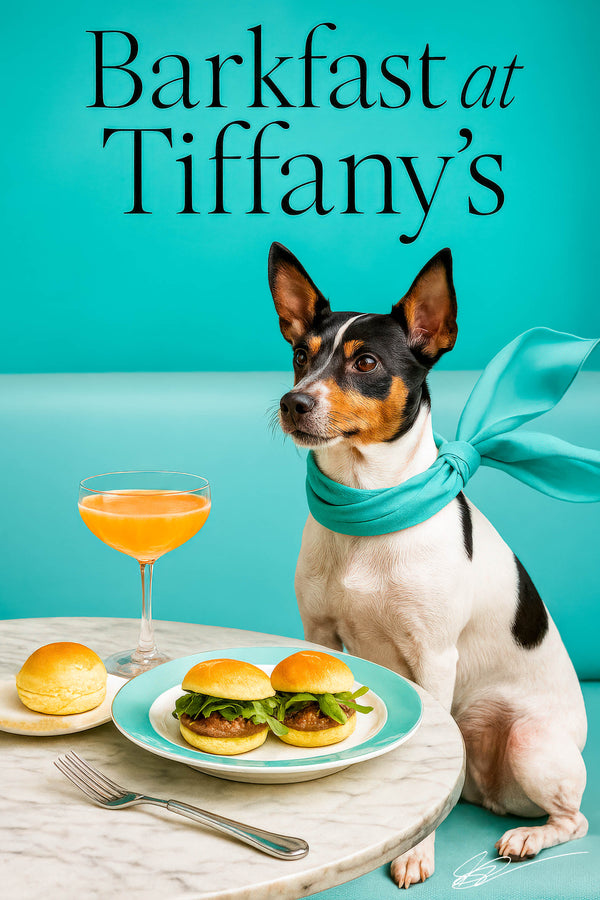 Rat Terrier wearing a turquoise scarf seated at a marble café table with two mini arugula sliders a brioche bun top a peach cocktail and a fork by a turquoise banquette