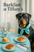 Rottweiler wearing a turquoise scarf seated at a round café table by a sunlit window in a stylish teal brunch setting
