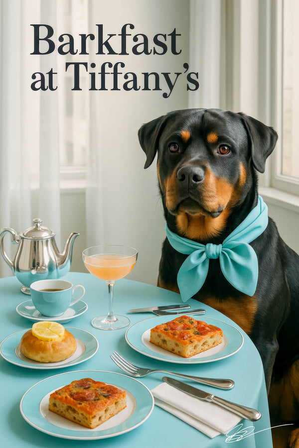 Rottweiler wearing a turquoise scarf seated at a round café table by a sunlit window in a stylish teal brunch setting