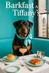 Rottweiler wearing a turquoise scarf seated on a Tiffany blue banquette beside a large window overlooking a city street