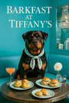 Rottweiler wearing a mint-green floral scarf seated on a tufted Tiffany blue banquette in front of a mirrored gift box display and crystal chandelier