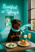 Rottweiler wearing a turquoise scarf seated on a tufted teal banquette under a glowing neon Barkfast sign in a chic café setting