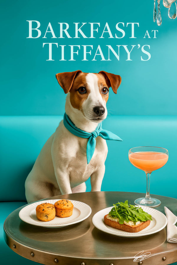 White and brown Russell Terrier wearing a turquoise scarf seated on a tufted teal banquette under a crystal chandelier in an elegant café interior