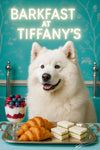 Fluffy Samoyed seated in front of a neon Barkfast at Tiffany’s sign on a turquoise café banquette