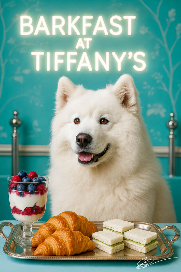 Fluffy Samoyed seated in front of a neon Barkfast at Tiffany’s sign on a turquoise café banquette