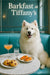 Fluffy Samoyed seated on a tufted turquoise banquette with a softly lit bokeh backdrop in an elegant café interior