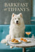 Fluffy Samoyed seated on a tufted turquoise banquette in front of a polished marble wall panel in a chic café interior