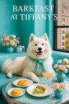 Fluffy Samoyed wearing a turquoise scarf lounging on a tufted teal banquette beside pastel flowers and a large city-view window