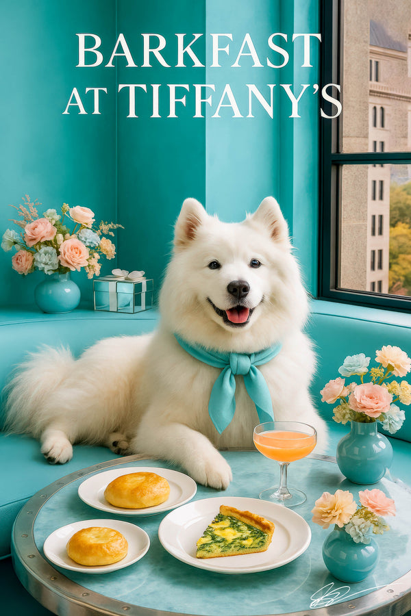 Fluffy Samoyed wearing a turquoise scarf lounging on a tufted teal banquette beside pastel flowers and a large city-view window