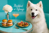 Fluffy Samoyed wearing a turquoise scarf seated on a tufted turquoise banquette beside a round café table with a white peony in a metallic vase