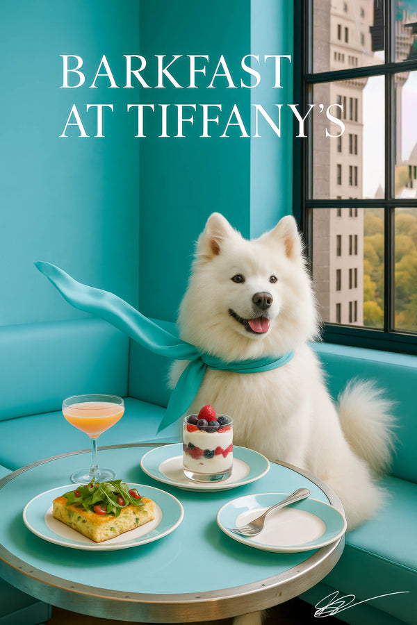 Fluffy Samoyed wearing a turquoise scarf seated on a tufted teal banquette beside a large café window showing city buildings