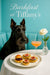 Scottish Terrier seated in a turquoise booth beside a table with fig tarts a berry bun a peach cocktail and a white flower in a glass vase under a neon Barkfast at Tiffanyâs sign