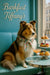 Shetland sheepdog wearing a pastel floral scarf sitting on a turquoise banquette beside a three-tier pastry stand and a pink brunch cocktail by a café window